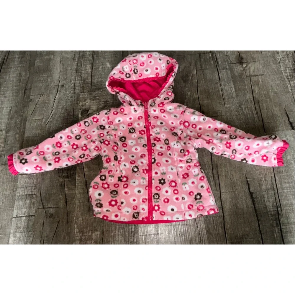 Vintage OshKosh Bgosh Girls Reversible Hooded Jacket Pink Floral Fleece 3T